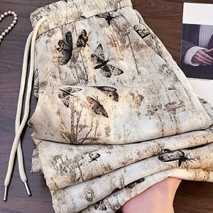 TEMU 여성용 빈티지 잉크 워시 나비 프린트 하이웨이스트 레그 팬츠 - 가벼운 100% 폴리에스터 캐주얼 바지, 끈 조절 가능, 봄/여름용 세탁기 사용 가능