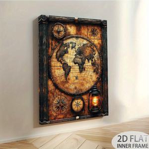 TEMU 2D 평면 빈티지 스타일 세계 지도 캔버스 아트 - 나무 프레임과 나침반, 등불 장식 포함, 12x16인치 벽걸이 그림, 스터디룸 & 거실용 여행 테마 선물, 실내 장식, 클래식 분위기, 예술적 인쇄, 방 꾸미기에 완벽한 1개