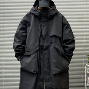 TEMU 남성용 루즈핏 방풍 후드 트렌치 코트 - 베이지 캐주얼 아웃도어 재킷 포켓 포함, 봄 & 가을용 긴 길이, 스프링 아우터웨어 | 후드 자켓 | 비탄력 원단