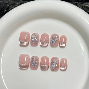 TEMU 10개입 핸드메이드 숏 스퀘어 프레스온 네일, 정교하게 제작, 스위트 스타일에 완벽, 핑크 펄 꽃 장식, 드림 스타일을 구현, 로맨스가 넘치며, 네일 파일, 스틱, 젤리 글루 포함.