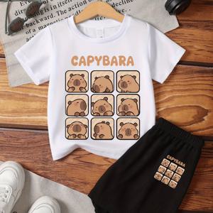 TEMU 귀여운 카피바라 그래픽이 특징인 여름용 아동용 만화 티셔츠 세트. 반팔과 반바지 포함. 남녀공용 캐주얼 데일리룩으로, 야외 활동에 적합합니다.
