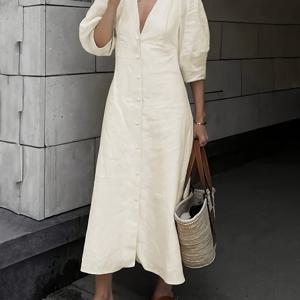 TEMU 신상 봄/여름 캐주얼 프렌치 바캉스 스타일 섹시 V넥 백리스 루즈핏 싱글 브레스트 단색 약간 푹신한 롱 드레스