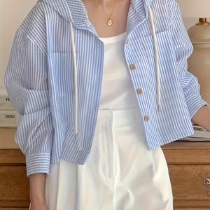 TEMU 여성용 다이렉셔널 템퍼먼트 멀티 싱글 브레스트 컬러블록 숏 루즈 휴가 긴팔 선스크린 후드 셔츠, 여행복, 휴가복, 루즈핏, 스타일, 쉬운 관리, 통기성 소재, 여성 셔츠, 긴팔 블라우스, 캐주얼 웨어, 트렌디 쇼퍼