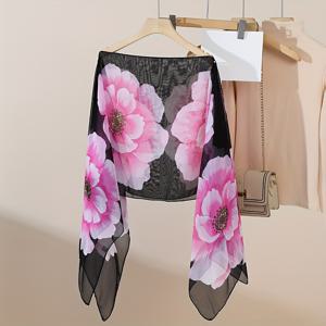 TEMU 1개 여성용 가벼운 꽃무늬 쉬폰 스카프 - 비치 쇼울, 모조 진주 버튼 프론트, 여행 및 일상 사용에 다용도, 봄/여름 액세서리, 해변 스카프