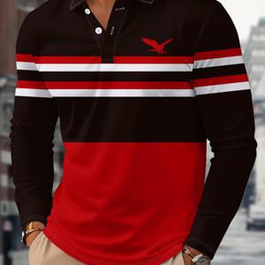 TEMU 남성용 긴팔 셔츠, 캐주얼 3D 프린트 골프 셔츠, 다크 브라운에 레드와 화이트 및 이글 디자인, 스포츠 스타일, 남성용 긴팔 셔츠