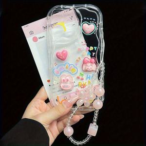 TEMU 화려한 스티커 폰 케이스 | 투명 베이스 + 3D 데코, 달콤하고 시원한 릴렉스 스타일, 랜야드 세트 포함, 아이폰 17 16 15 14 13 12 11 프로 맥스 플러스 XS XR X 8 7 호환