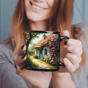 TEMU 1개 코티지 스타일 11oz 세라믹 머그컵 - 귀여운 블랙 코티지 & 시골 풍경 디자인 - 핫/콜드 음료, 우유, 주스용 내구성 강한 커피 티컵 - 생일, 기념일, 집들이 선물로 이상적, 일상 사용에 적합
