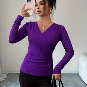 TEMU 가을 신상 크로스 V넥 우아한 긴팔 메쉬 탑 스타일리시 시퀸 반짝이 티셔츠