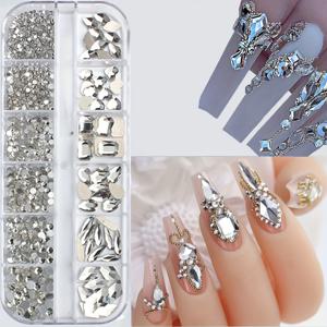 TEMU 12칸/상자 유리 화이트 보석 네일 라인스톤, 플랫 백 원형 상감 스톤, 6가지 스타일 투명 비표준 유리 라인스톤, 수제 상감 스톤, 전문 네일 및 네일 아트 애호가에게 적합.