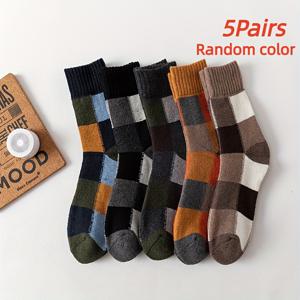 TEMU 5켤레 남녀공용 빈티지 따뜻한 양말: 두꺼운 양모/플리스 안감 디자인, 체크무늬 부츠 양말, 크루 양말 & 니하이 양말, 부드럽고 두껍고 보온성, 가을-겨울 하이킹/일상용으로 적합