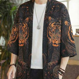 TEMU 남성용 빈티지 일본 기모노 셔츠 - 가벼운 루즈핏 오픈 프론트 블라우스, 블랙 & 오렌지 타이거 프린트, 코스프레, 테마 파티, 캐주얼 의상용 세탁 가능 폴리에스터 - 전통 일본 복장, 문화 행사 복장, 정교한 프린트 디자인, 중국 사이즈, 사이즈 가이드 주의사항, 하오리, 일본 천 남성용, 남성용 기모노, 일본 기모노 남성용