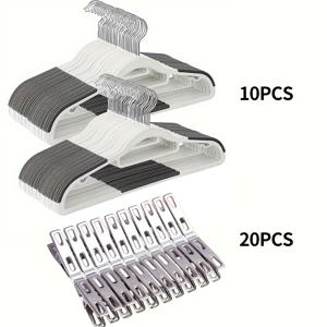 TEMU 30개 세트 미끄럼 방지 옷걸이 (스테인리스 스틸 클립 10개 + 클립 20개), 내구성 있는 회전 후크 옷걸이, 옷 건조 및 보관에 적합, 침실, 욕실, 가정용으로 이상적