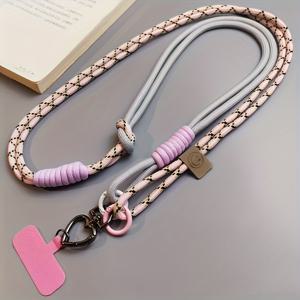 TEMU 다용도 크로스바디 휴대폰 스트랩 - 핑크 & 화이트 하이라이트의 세련된 브레이드 스타일, 튼튼한 나일론 소재, 야외 활동에 적합, 다양한 기기와 호환되는 안전한 분실 방지 휴대폰 케이스