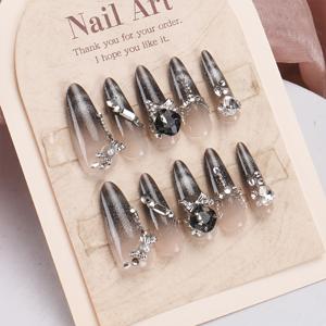 TEMU 10개입 롱 실버-블랙 그라데이션 고양이 눈 네일 팁, 라인스톤 장식, 달콤하고 시원한 풀 커버 인조 손톱, 여성 및 데일리 사용에 적합: 프레스온 인조 손톱