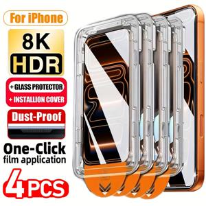 TEMU 4개 팩 Oleophobic 코팅 먼지 방지 간편 설치 액정 보호 필름, iPhone 17 Pro Max/17 Air/16/16E/15/14/13/12/11/16 Pro/15 Pro Max/Plus/Xs Max/X/Xr 유리 호환, 스크래치 방지, 풀 커버 강화 유리, HD 클리어, 액정 보호