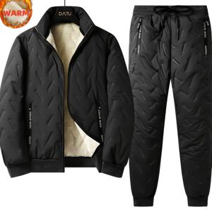 TEMU 남성용 겨울 초음파 재킷 & 긴 바지 세트 | 따뜻한 기모 안감, 방풍, 단색, 스탠드 칼라, 스포츠, 하이킹, 야외 활동, 야간 활동, 파티용 논스트레치 원단|스포츠|냉장고바지|남자바지