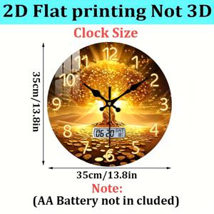 TEMU 1개 골든 머니 트리 벽시계 - 돈 디스플레이 & 날짜 표시, 무소음 스위스 쿼츠 , 인조 나무/플라스틱 원형 시계, 사무실 장식용 - 14/16인치 (AA 배터리 미포함) 크리스마스 장식, 2D 평면