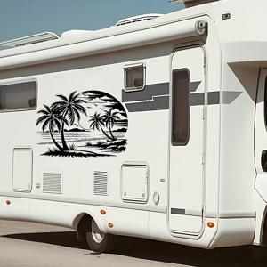 TEMU 팔머 트리 해변 장면이 있는 비닐 데칼 - 방수, 자가 접착, 재사용 가능한 차량 스티커 (RV, 트럭, 캠핑카에 적합) - 섬세한 코코넛 나무 디자인의 스타일리시한 외부 장식, 트럭 스티커 | 방수 비닐