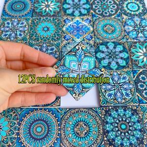 TEMU 6/12개 사각 터키석 만다라 패턴 유리 타일, 직경 4.8Cm/1.89Inch, 유리 접착 재료, 투명하고 아름다운 표면 스프레이 공정 텍스처의 사각형, 내마모성, 간편한 청소, 방수 및 방유 데코