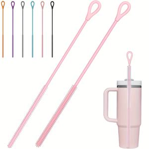 TEMU 2개입 초장형 실리콘 빨대 청소 브러시 - 유연한 내구성 강모, 금속/유리 빨대용, 재사용 가능한 무상처림 뚜껑 브러시, 주방 청소 도구 (핑크), 음료기 세척용, 실용적 디자인, 튼튼한 손잡이