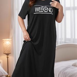 TEMU 플러스 사이즈 여성용 캐주얼 주말 레터링 프린트 반팔 드레스 - 루즈핏 라운드넥 비대칭 밑단 긴 길이 라운지 드레스, 세탁기 사용 가능 봄/여름 홈 & 아웃팅 웨어, 트렌디한 라운지웨어, 비침 방지 원단|여름원피스|반팔