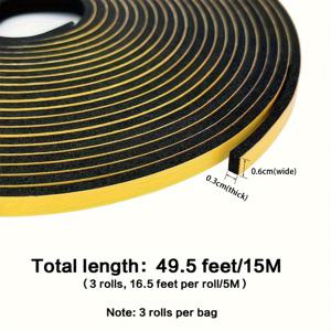 TEMU 흰색 문 틈새 밀봉 스트립 3개 세트, 폭 1/4인치 X 두께 1/8인치 X 길이 16.5피트 - 단열, 방음, 방풍을 위한 고밀도 폼 테이프, 문틀 및 창문에 적합한 강력 접착제 포함.