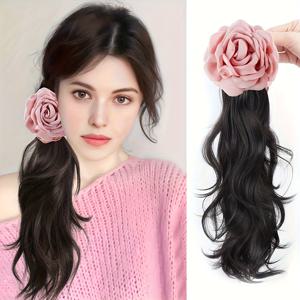 TEMU 우아한 포니테일 헤어클립, 아름다운 핑크 장미 꽃, 여성용 웨이비 헤어 액세서리, 여름 해변 사이드 포니테일, 다용도 헤어 익스텐션, 파티와 행사에 적합, 모든 사람이 사용하기 좋은 헤어 연장용