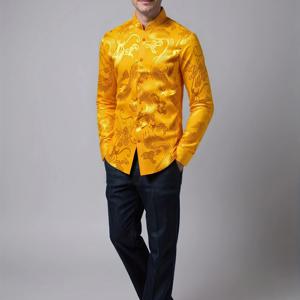 TEMU 남성용 긴팔 셔츠 - 자카드 드래곤 패턴, 만다린 칼라, 골든 또는 네이비 블루 럭셔리 스타일