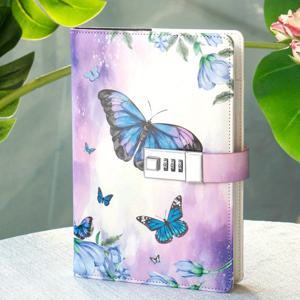 TEMU 나비 패턴 다이어리 with 자물쇠 - 아름다운 수채화 나비 커버 안전한 저널, 고급 두꺼운 번짐 없는 종이로 일상 글쓰기, 교체 가능한 내부 코어 & 재사용 가능한 가죽 케이스