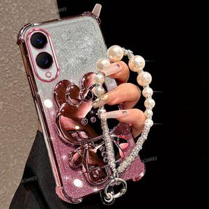 TEMU 폰 케이스: S 25 럭셔리 도금 충격방지 네 모서리 두꺼운 글리터 카드 폰 케이스, 갤럭시 S25 호환, 귀여운 미러 토끼 브래킷, 우아한 팔찌 체인, 소프트 TPU 백커버