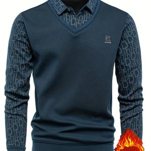 TEMU 남성용 새로운 가을/겨울 골프 셔츠. 플리스 안감과 페이크 투피스 조끼 디자인, 가슴에 라인스톤 레터 장식, 고급스러운 안감으로 제작되었습니다. 일상적인 외출에 적합하며 부드럽고 따뜻하며 캐주얼 웨어로도 활용하기 좋습니다.