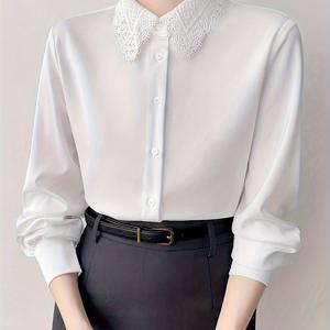 TEMU 여성용 스플라이스 레이스 라펠 새틴 화이트 셔츠, 직장인 및 면접용 프로페셔널 블라우스, 상의