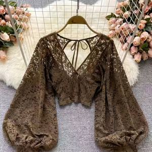 TEMU 여성용 우아한 V넥 레이스 셔츠 - 반투명 백 지퍼 긴팔 블라우스, 논스트레치 정장 웨딩 오피스 파티 의상, 연중 활용 가능한 풀 레이스 칼라 탑, 웨딩, 파티, 데일리웨어에 적합