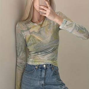 TEMU 대리석 프린트 반투명 긴팔 여성 탑, 가을 패션 메쉬 숏 블라우스 클럽 스트리트웨어