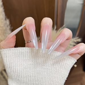TEMU 여성용 롱 프레스온 네일 - 그라데이션 누드 컬러 핸드/네일 아크릴 젤 네일팁, 롱 티어드롭 인조네일, 데일리 또는 특별한 행사용 광택 웨어러블 네일 익스텐션|네일팁