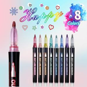 TEMU 듀얼 라인 윤곽 펜 세트 - 드림시머링 메탈릭 펜 - 마커 및 형광 하이라이터 - 앨범, 블랙 카드, 콜라주, 공예, 세라믹, 돌, 유리, 생일 선물 및 크리스마스 선물에 적합