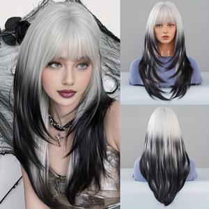 TEMU 코스튬 가발 롱 레이어드 화이트 옴브레 블랙 가발 앞머리 포함 합성 내열 섬유 파티용 초보자 친화적 할로윈 드레스업 가발 24인치