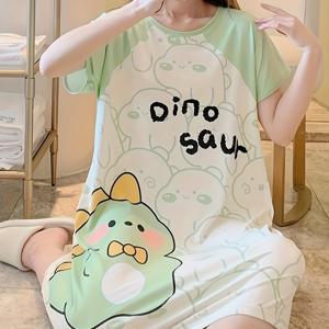 TEMU 여성용 여름 반팔 잠옷 드레스 - 귀여운 카툰 개구리 프린트 가벼운 통기성 나이트가운, 편안한 라운드넥 루즈핏 캐주얼 홈웨어, 청소년 및 성인용, 세탁 가능, 중간 신축성 원단