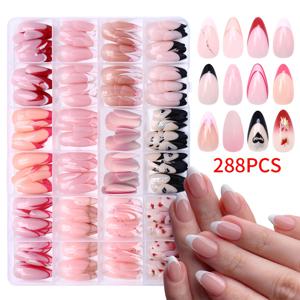 TEMU 288개 아몬드 모양 짧은 네일 팁 하트 프렌치 그라데이션 프레스온 네일, 사각 프레스온 네일, 아크릴 투명 사각 네일 선물 상자, 창의적인 아크릴 네일, 투명 아몬드 모양 인조 네일 세트 (여성 및 일반인에게 적합)