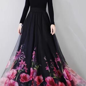 TEMU 아름다운 꽃 프린트 A라인 미디 스커트, 투명한 오버레이 및 허리 Gathered - 여성용 세련된 봄/여름 긴 스커트, 폴리에스터, 흰색 배경에 생동감 있는 핑크와 레드 꽃, 올 시즌 착용