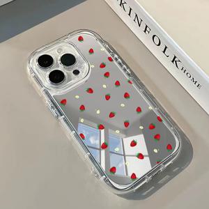 TEMU 1 소형 딸기 플로럴 플랫 미러 폰 케이스 + 메이크업 컴팩트, PC 하드 쉘, 1.5mm 듀얼 레이어 풀 커버리지 에어백 낙하 보호, 정밀 컷아웃 렌즈 링, 편안한 독립형 전기도금 버튼, 아이폰 17/17 Pro/Air/17 PRO MAX/16 Promax/15 PLUS/14/13/12/11/16E용