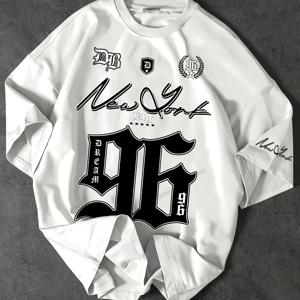 TEMU 남성용 플러스 사이즈 로스앤젤레스 96 그래픽 티셔츠 - 통기성 스트레치 니트 원단, 캐주얼 스포티 저지 스타일 블랙 & 화이트 대각선 줄무늬, 라운드 넥, 체육관 및 파티용 세탁 가능, 편안한 핏, 운동복, 도시 패션, 신축성 있는 소재, 프린트 셔츠, 피트니스 애호가용|빅사이즈