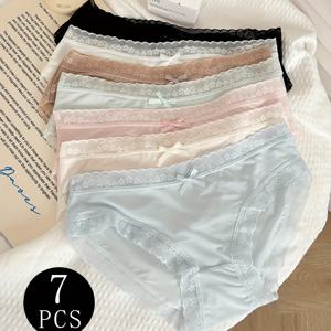 TEMU 여성용 레이스 엣지 팬티 7pcs, 얇고 통기성 좋은 섹시한 여성스러운 팬티