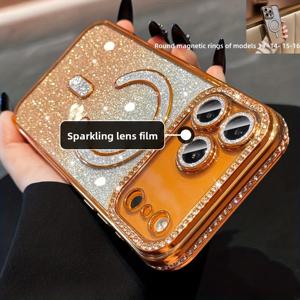 TEMU 아이폰 17 프로 맥스 호환 폰 케이스, 라인스톤 투명 미러 렌즈 필름 IP 신모델, 17글리터 카드 소프트 커버, 17, 17 에어 필 PM 전기도금 마그네틱 부착 스타일리시 디자인