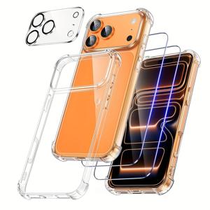 TEMU 4in 1 [2+1+1] 아이폰 17 프로 맥스/17 프로/17 에어/17+2 전용 휴대폰 케이스 + 스크린 보호필름 + 카메라 렌즈 보호필름 + 슬림 소프트 TPU 충격방지 투명 케이스