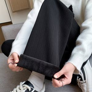 TEMU 여성용 두꺼운 겨울 바지 - 신축성 없는 와이드 레그 트라우저, 탄성 허리 밴드, 추운 날씨, 사무실, 파티용 긴 기장