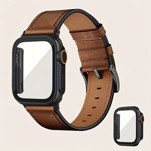 TEMU 애플워치 울트라/시리즈 10/9/8/7/6/4 케이스 호환 - 핸드메이드 빈티지 브라운 합성가죽 스마트워치 커버, 충격방지 스크래치방지 보호 케이스 (38mm/40mm/41mm/42mm/44mm/45mm/49mm)