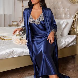 TEMU 여성을 위한 데이 가을과 겨울을 위한 두 개의 세트, 우아하고 섹시한 단색 레이스 긴 V넥 긴팔 로브와 나이트가운을 특징으로 합니다.