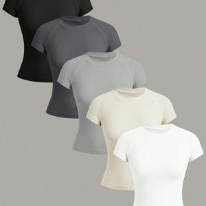 TEMU 여성용 솔리드 컬러 크루넥 반팔 시스루 티셔츠 세트 5종 (일상복) 512T-3