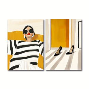 TEMU 2개/세트 여성 초상화 & 신발 포스터, 미니멀 모던 아트 프린트, 대담한 추상 벽 예술, 여성 거실용 미드 센추리 포스터, 흑백 줄무늬 하이힐 옐로우 패션 아트, 액자 없음